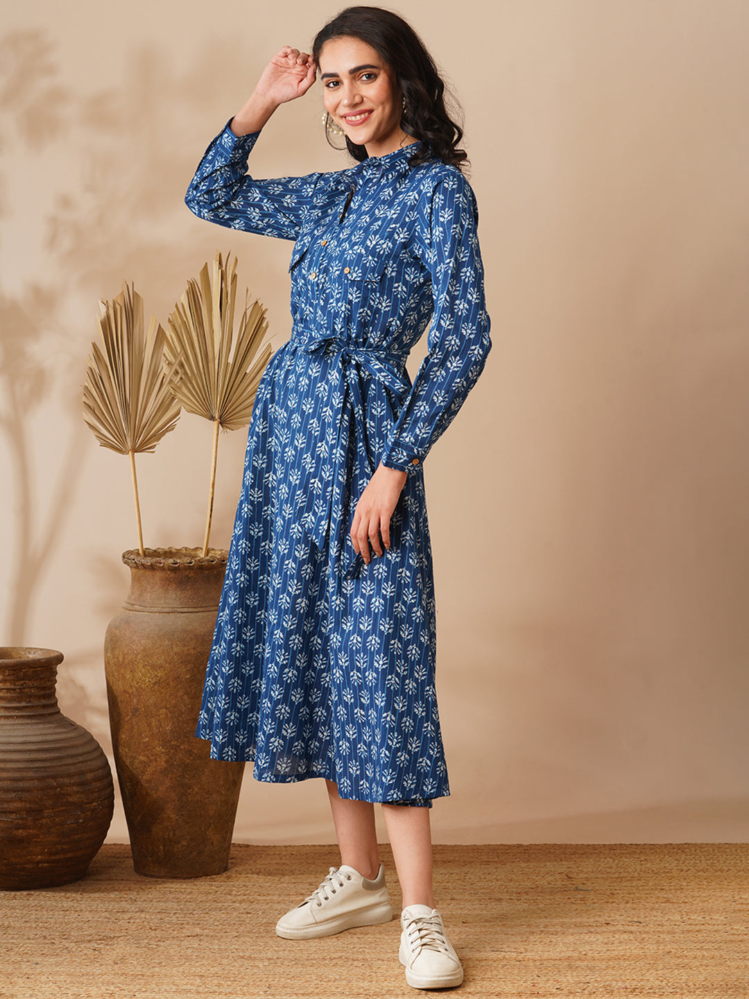 Ethnic Floral Printed A-Line Paneled Maxi Dress with Belt - Blue