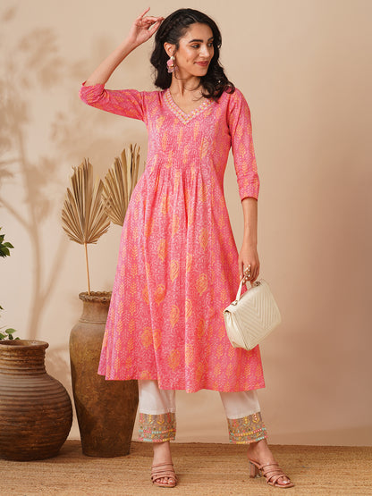 Ethnic Floral Printed & Embroidered A-Line Flared Kurta - Pink