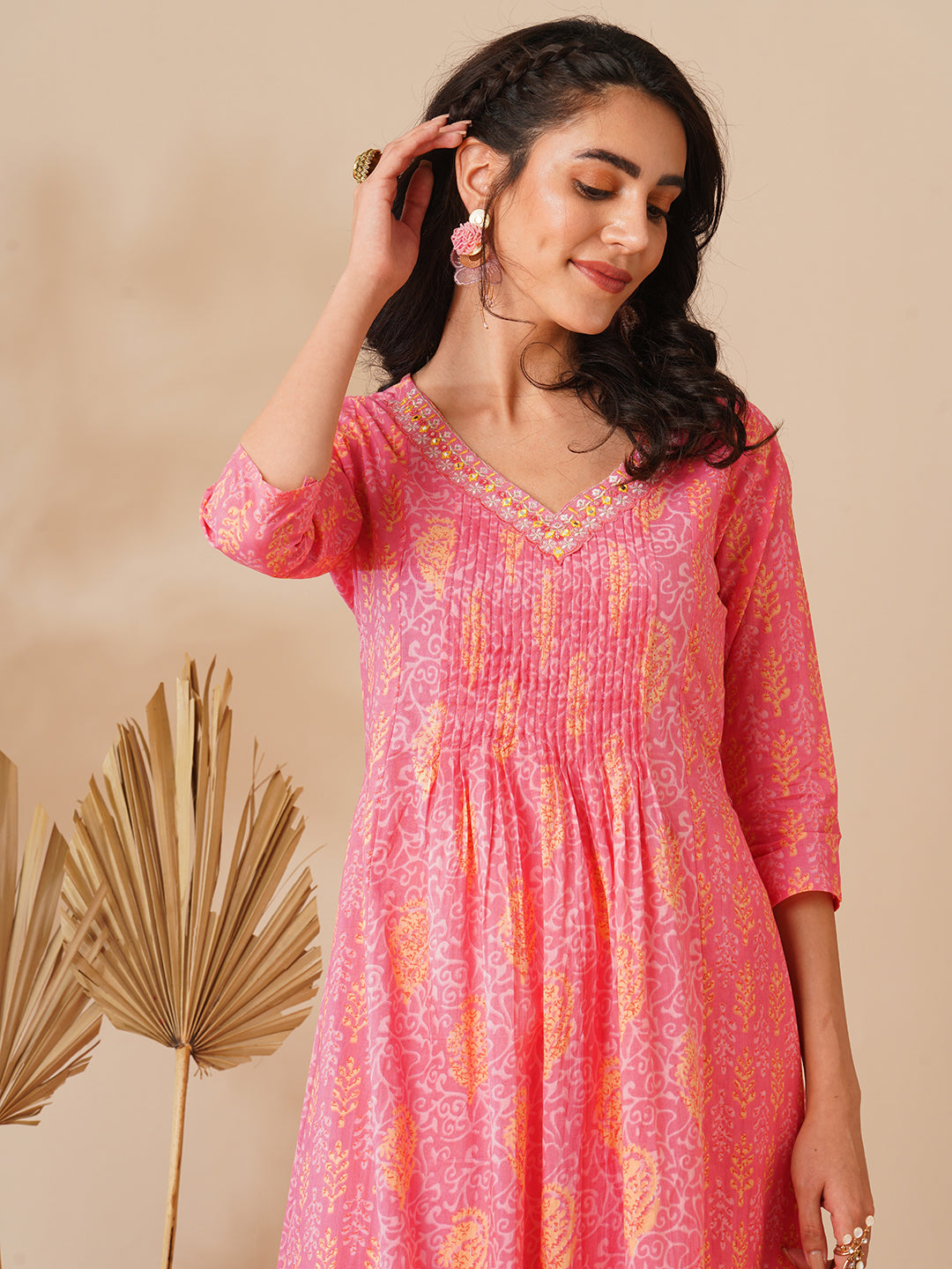 Ethnic Floral Printed & Embroidered A-Line Flared Kurta - Pink