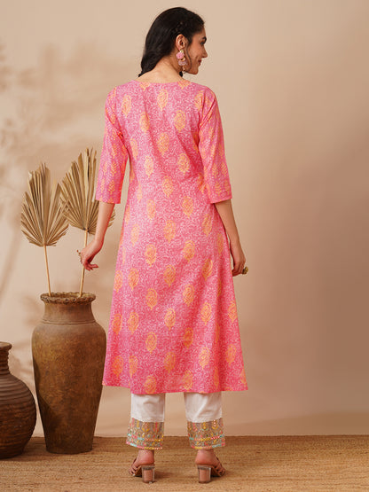 Ethnic Floral Printed & Embroidered A-Line Flared Kurta - Pink