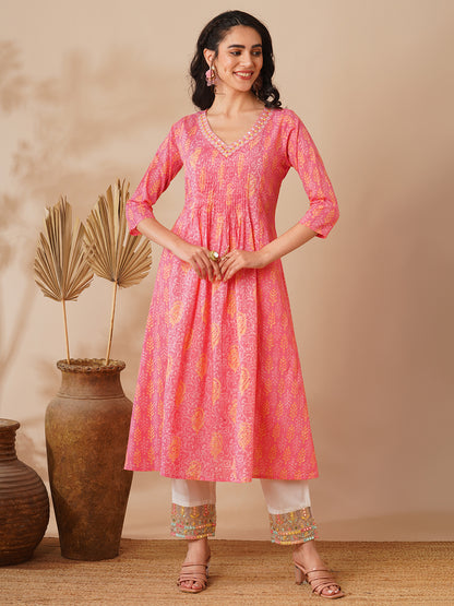 Ethnic Floral Printed & Embroidered A-Line Flared Kurta - Pink