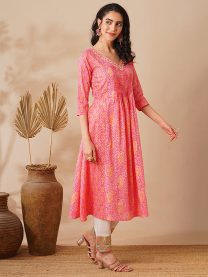 Ethnic Floral Printed & Embroidered A-Line Flared Kurta - Pink