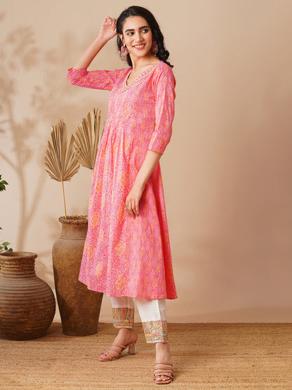 Ethnic Floral Printed & Embroidered A-Line Flared Kurta - Pink