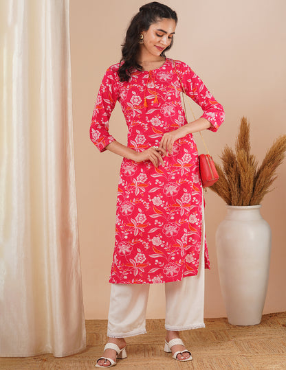 Ethnic Floral Printed & Embroidered Straight Fit Kurta - Pink