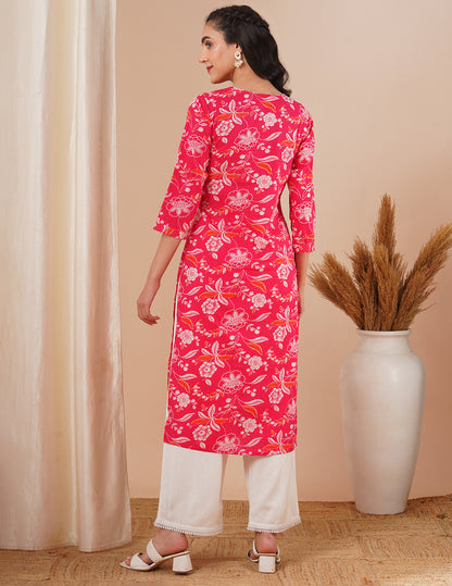 Ethnic Floral Printed & Embroidered Straight Fit Kurta - Pink