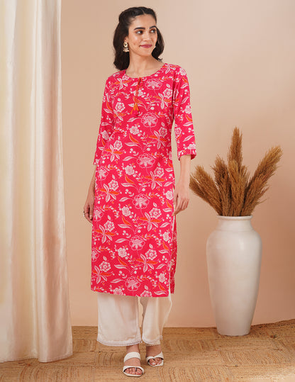 Ethnic Floral Printed & Embroidered Straight Fit Kurta - Pink