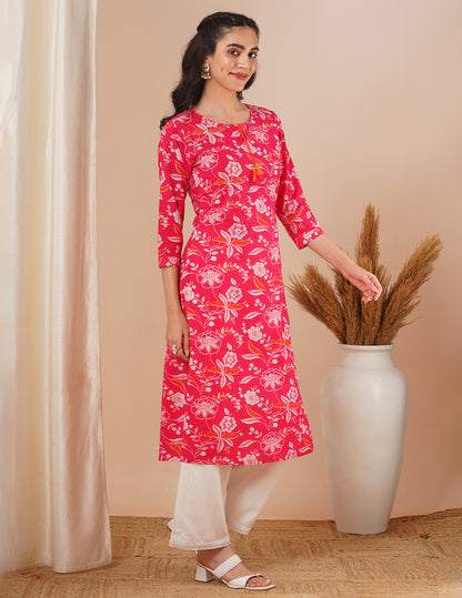 Ethnic Floral Printed & Embroidered Straight Fit Kurta - Pink