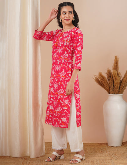 Ethnic Floral Printed & Embroidered Straight Fit Kurta - Pink