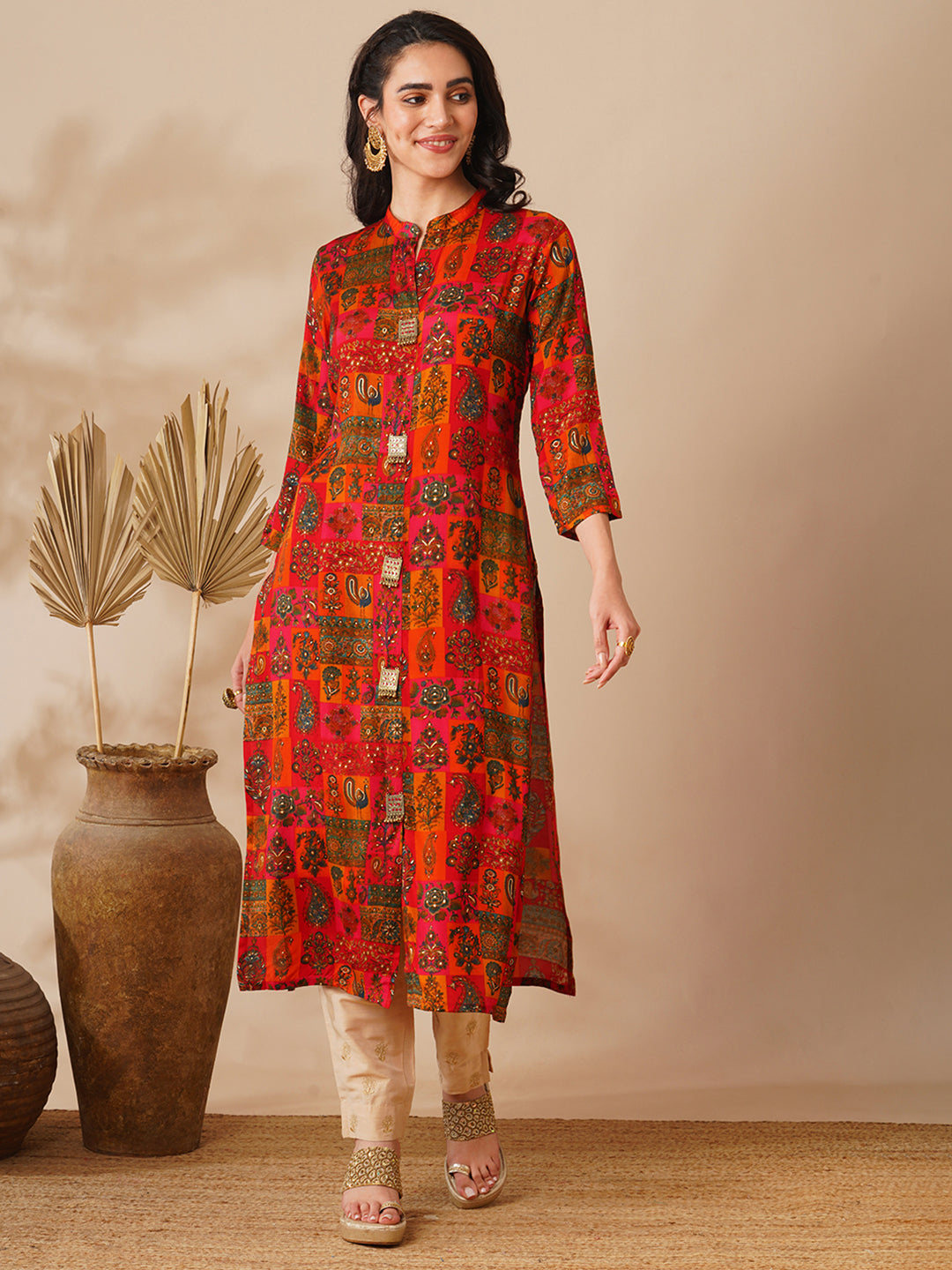 Abstract Floral Foil Printed Straight Fit Kurta - Multi