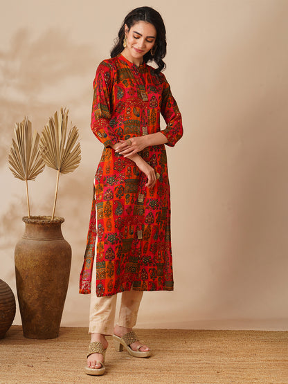 Abstract Floral Foil Printed Straight Fit Kurta - Multi