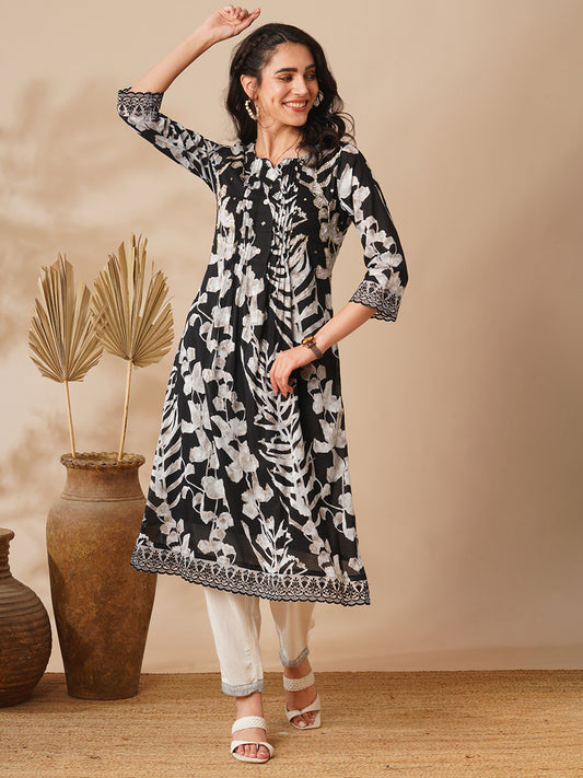 Ethnic Floral Printed & Embroidered A-Line Kurta - Black