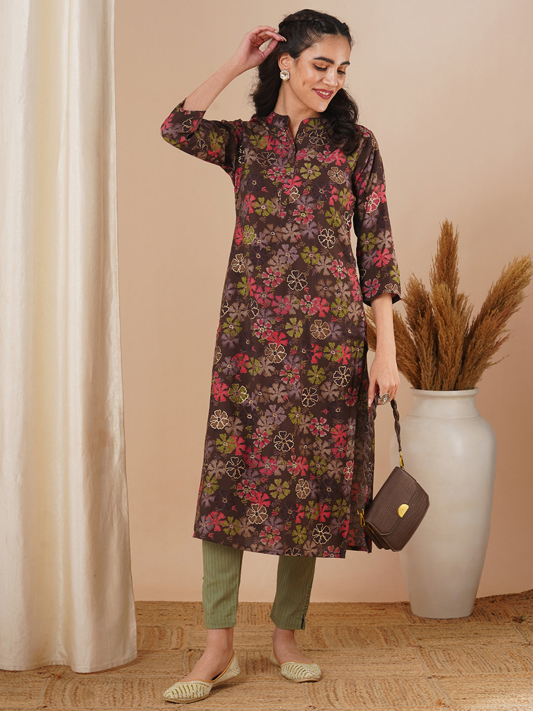 Abstract Floral Foil Printed Straight Fit Kurta - Brown