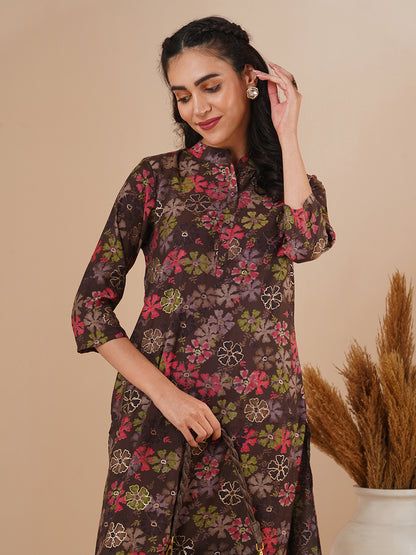 Abstract Floral Foil Printed Straight Fit Kurta - Brown