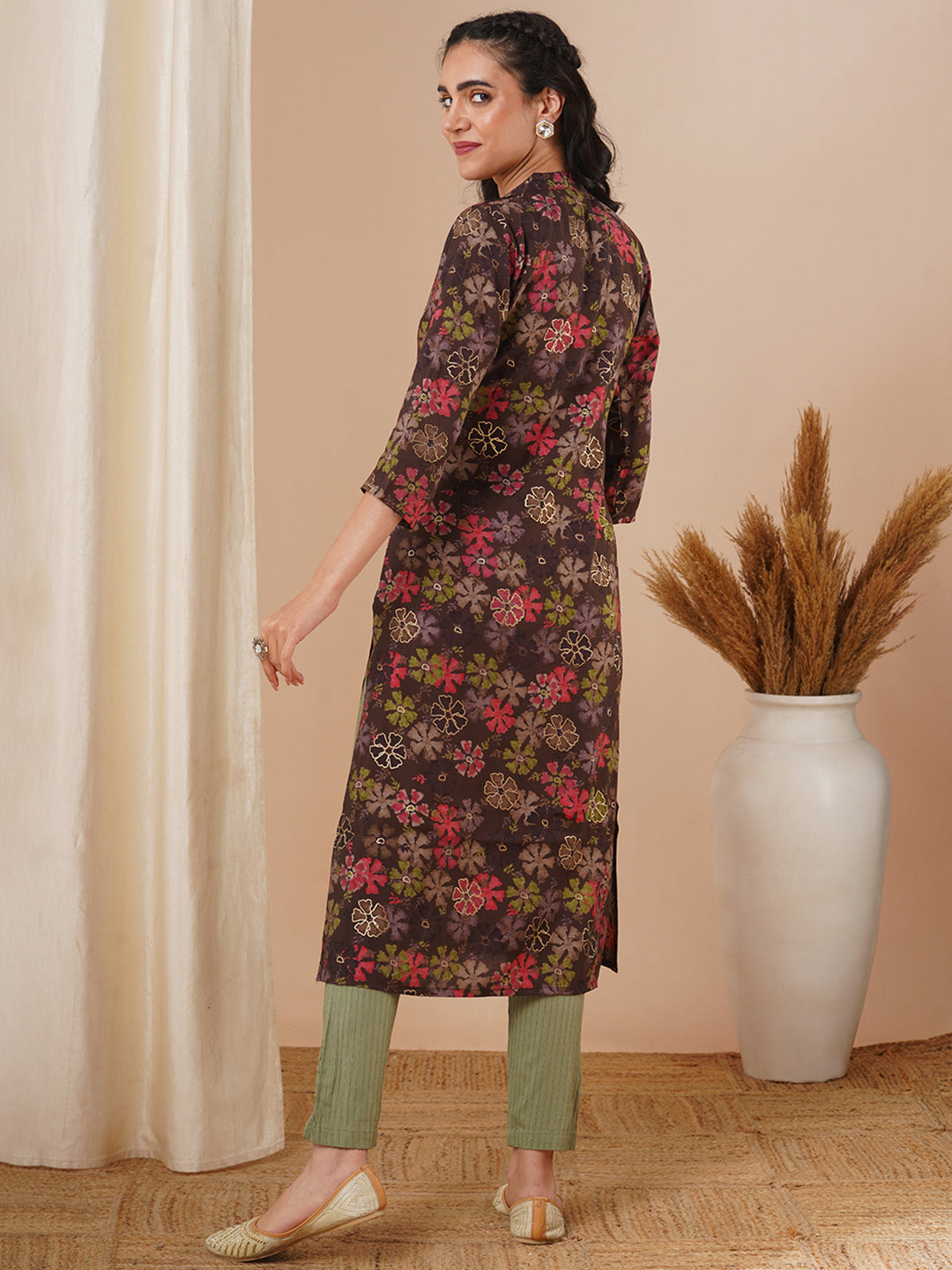 Abstract Floral Foil Printed Straight Fit Kurta - Brown