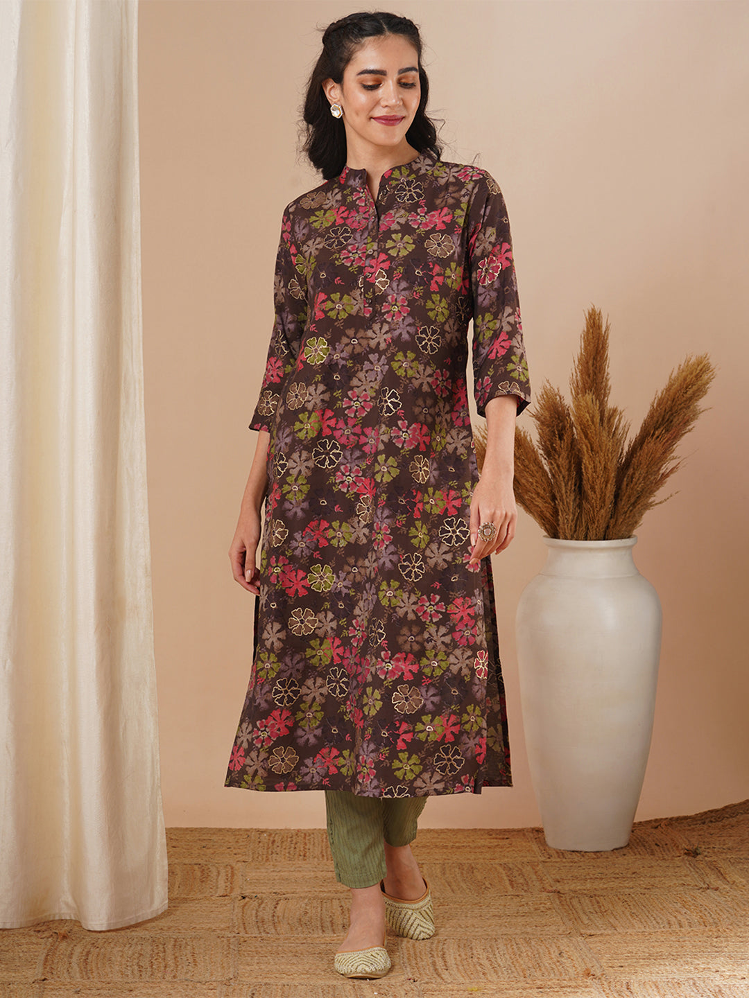 Abstract Floral Foil Printed Straight Fit Kurta - Brown