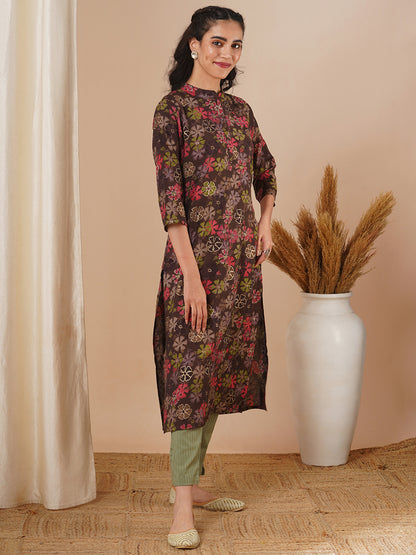 Abstract Floral Foil Printed Straight Fit Kurta - Brown