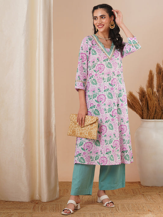 Ethnic Floral Printed & Embroidered A-Line Kurta - Pink