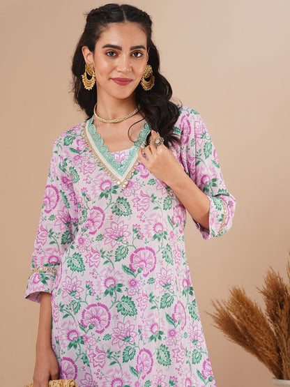 Ethnic Floral Printed & Embroidered A-Line Kurta - Pink