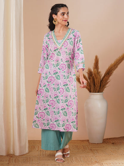 Ethnic Floral Printed & Embroidered A-Line Kurta - Pink