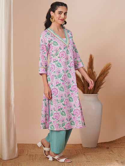 Ethnic Floral Printed & Embroidered A-Line Kurta - Pink