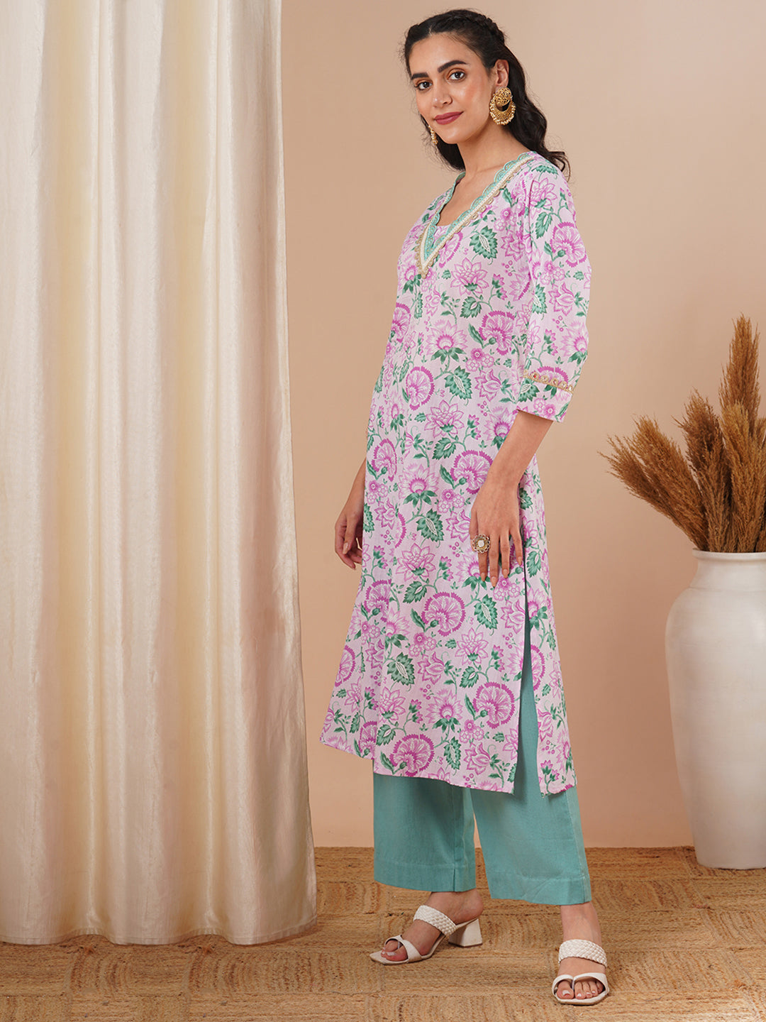 Ethnic Floral Printed & Embroidered A-Line Kurta - Pink