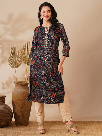 Abstract Floral Foil Printed & Embroidered Straight Fit Kurta - Navy Blue