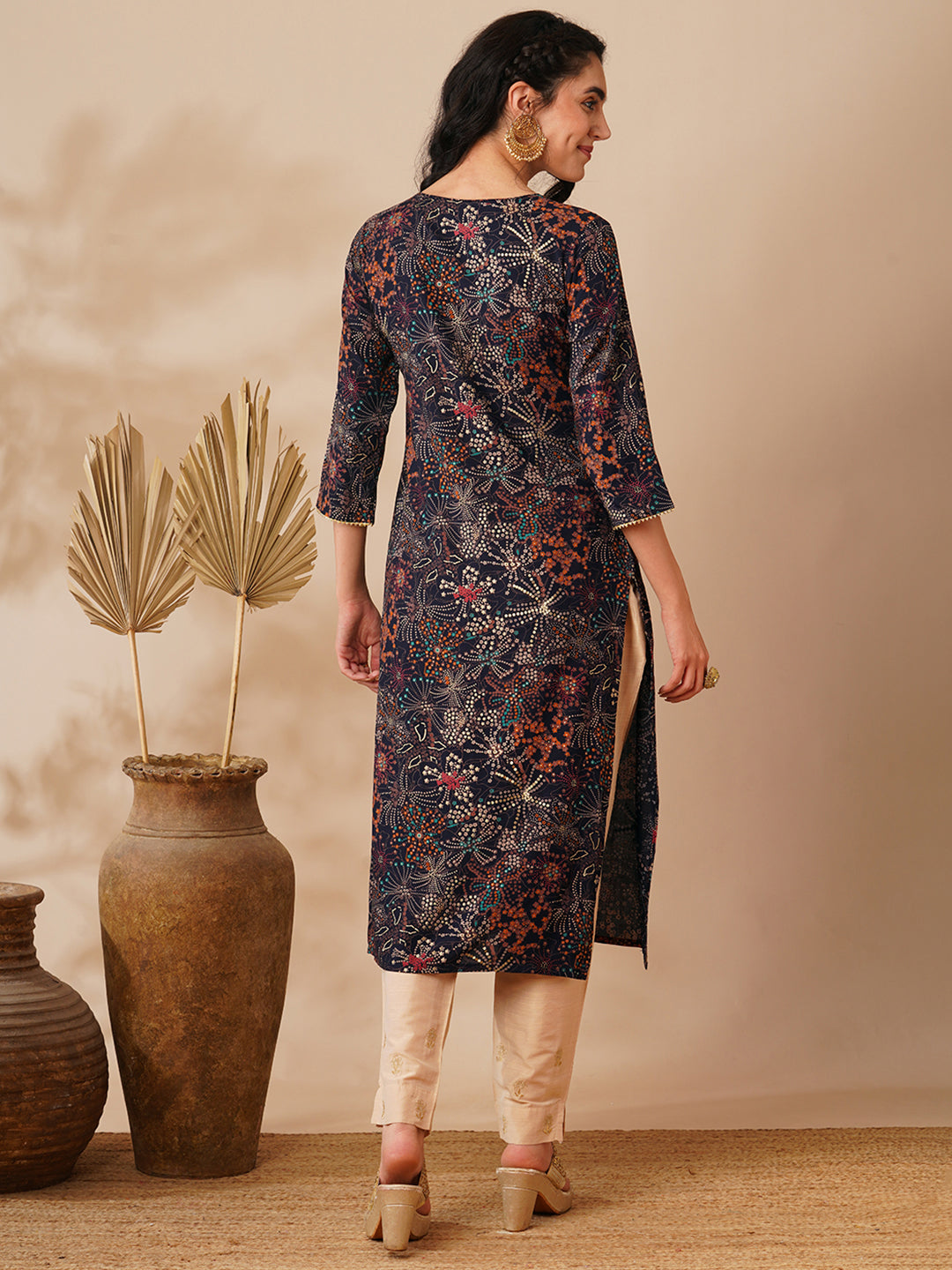 Abstract Floral Foil Printed & Embroidered Straight Fit Kurta - Navy Blue