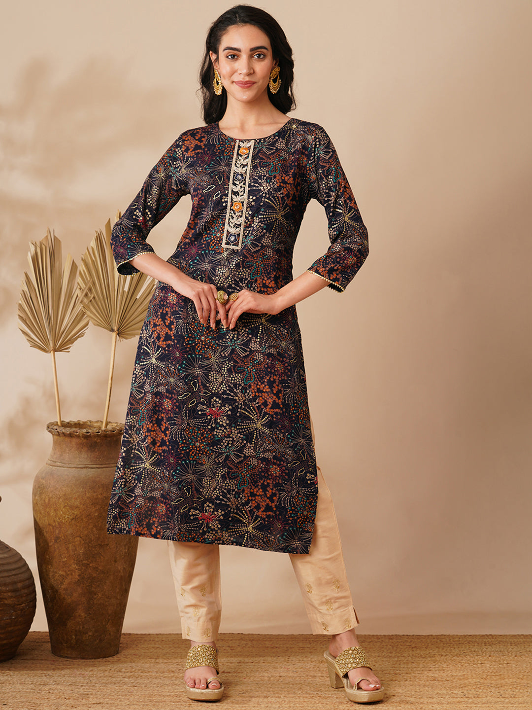 Abstract Floral Foil Printed & Embroidered Straight Fit Kurta - Navy Blue