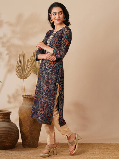 Abstract Floral Foil Printed & Embroidered Straight Fit Kurta - Navy Blue