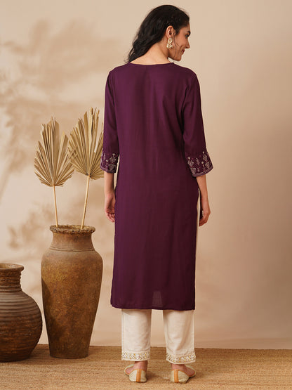 Floral Embroidered Straight Fit Kurta - Burgundy