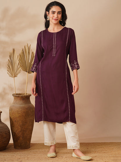 Floral Embroidered Straight Fit Kurta - Burgundy