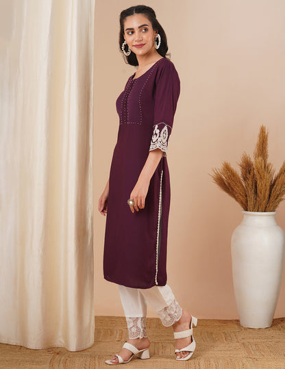 Solid Ethnic Embroidered Straight Fit Kurta - Purple