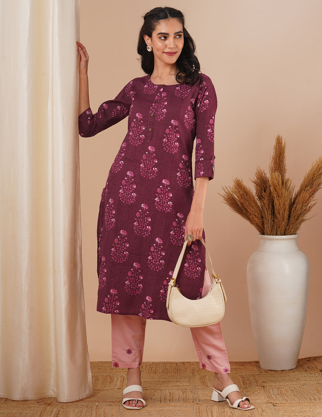 Ethnic Floral Printed Straight Fit Kurta - Purple