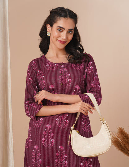 Ethnic Floral Printed Straight Fit Kurta - Purple