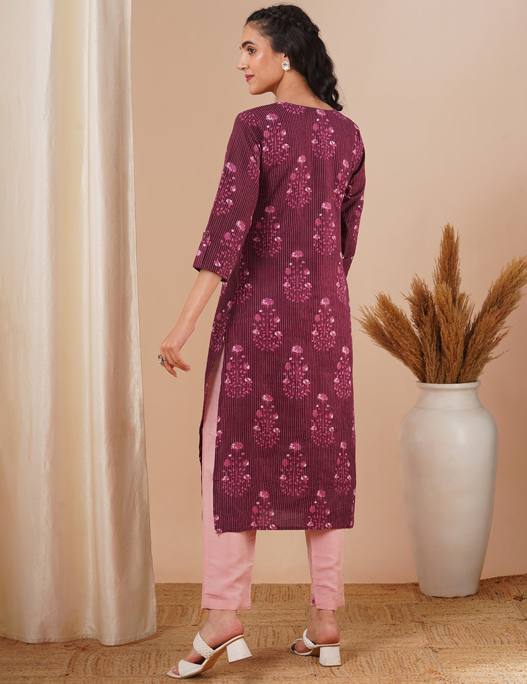 Ethnic Floral Printed Straight Fit Kurta - Purple