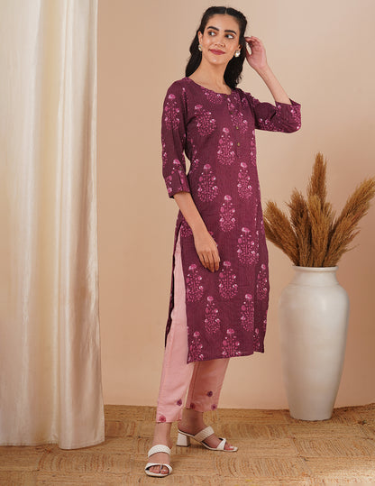 Ethnic Floral Printed Straight Fit Kurta - Purple