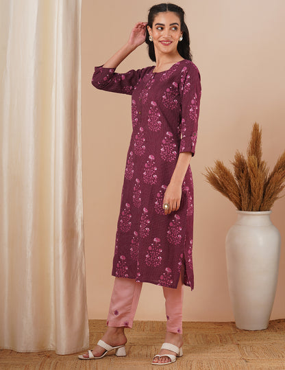 Ethnic Floral Printed Straight Fit Kurta - Purple