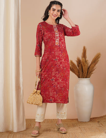 Abstract Floral Foil Printed & Embroidered Straight Fit Kurta - Maroon