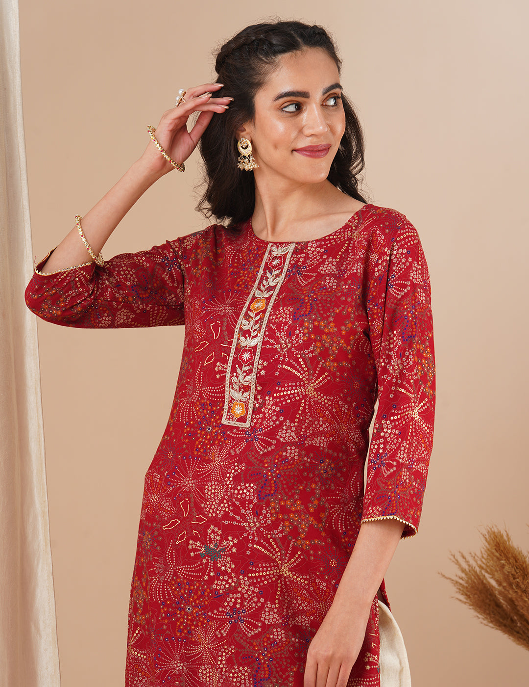 Abstract Floral Foil Printed & Embroidered Straight Fit Kurta - Maroon