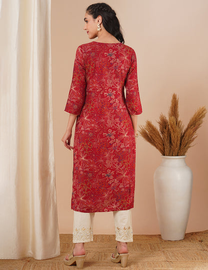 Abstract Floral Foil Printed & Embroidered Straight Fit Kurta - Maroon