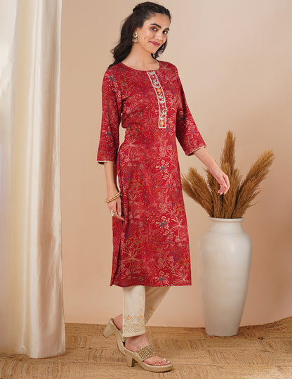 Abstract Floral Foil Printed & Embroidered Straight Fit Kurta - Maroon