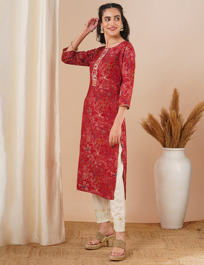 Abstract Floral Foil Printed & Embroidered Straight Fit Kurta - Maroon