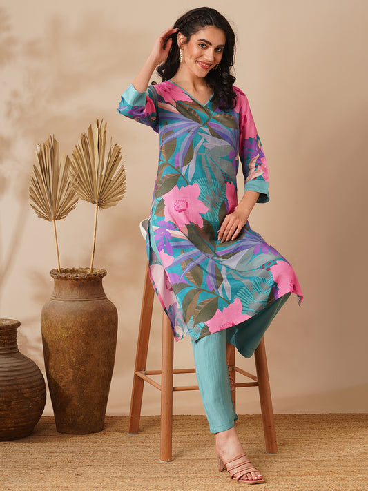 Abstract Floral Printed Straight Fit Kurta with Palazzo- Multi