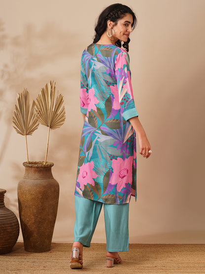 Abstract Floral Printed Straight Fit Kurta with Palazzo- Multi