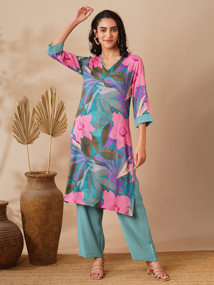 Abstract Floral Printed Straight Fit Kurta with Palazzo- Multi