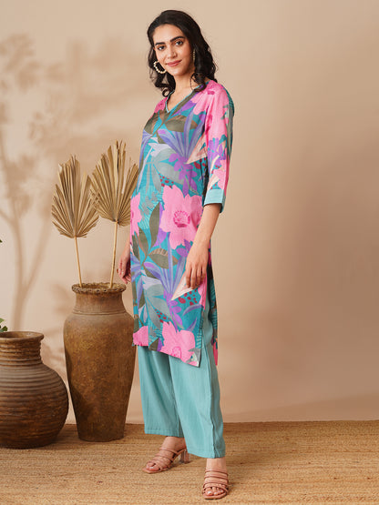 Abstract Floral Printed Straight Fit Kurta with Palazzo- Multi