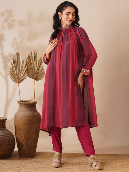 Gota Patti Embroidered Paneled A-Line Kurta with Pant - Multi