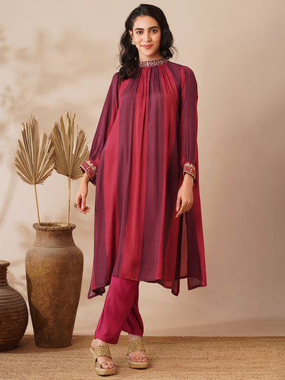 Gota Patti Embroidered Paneled A-Line Kurta with Pant - Multi