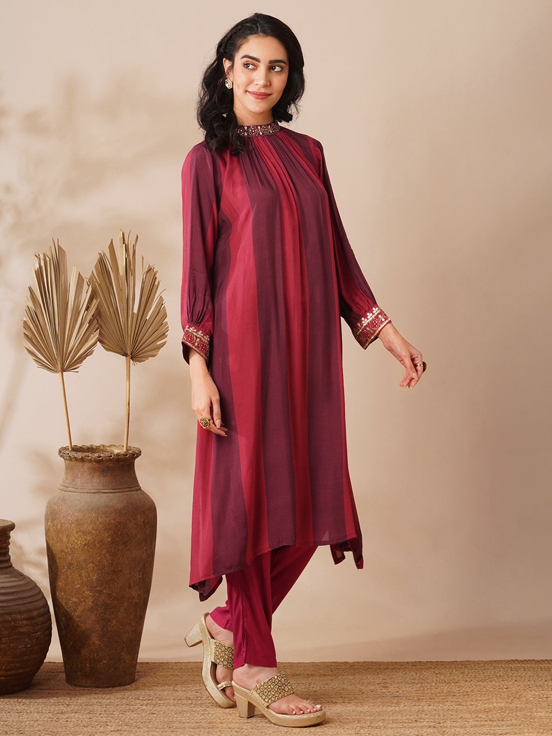 Gota Patti Embroidered Paneled A-Line Kurta with Pant - Multi