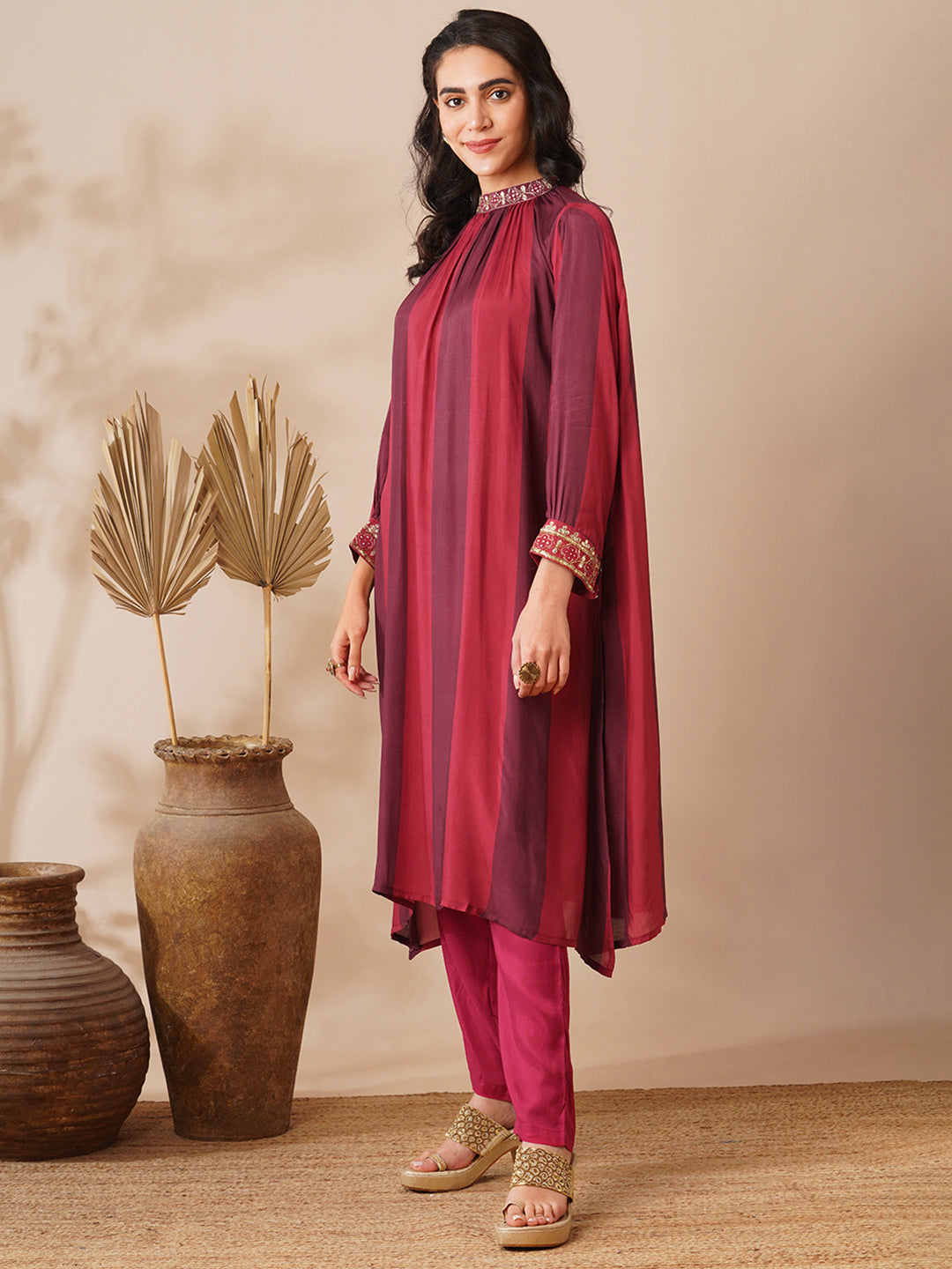 Gota Patti Embroidered Paneled A-Line Kurta with Pant - Multi